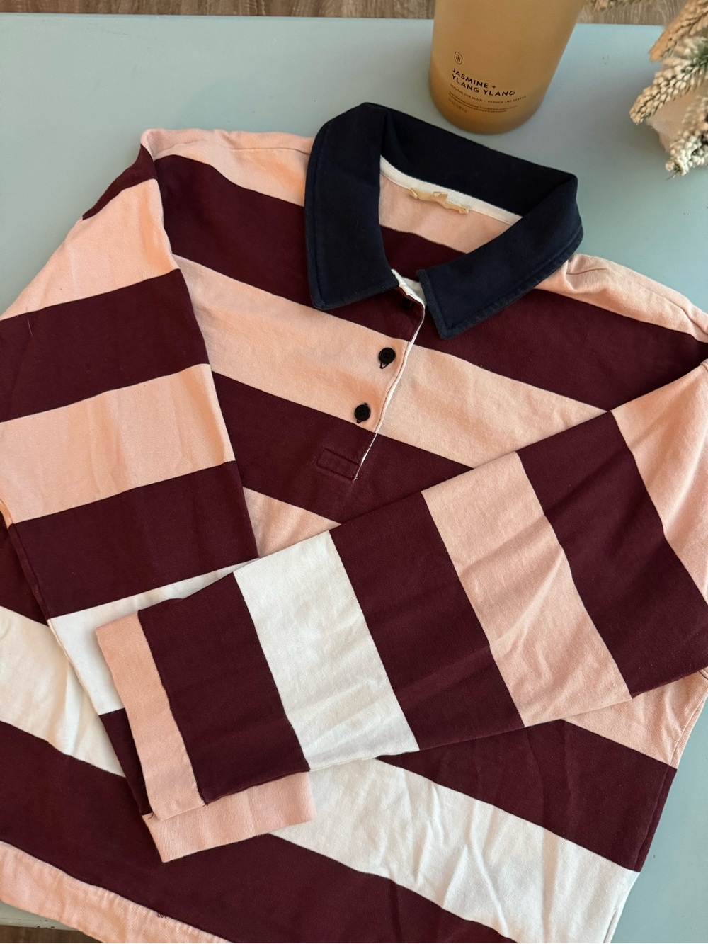 Madewell Pink & Burgundy Striped Rugby Polo with Navy Collar Size L